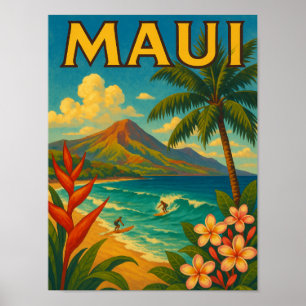 Retro Maui Hawaii Surfer Paradise Reizen Poster