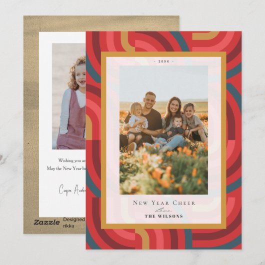 Retro Maximalist Geometric Red 2 foto Nieuwjaar Feestdagenkaart (Voorkant / Achterkant)