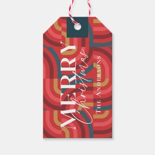 Retro Maximalist Geometric Red Christmas Cadeaulabel (Voorkant)