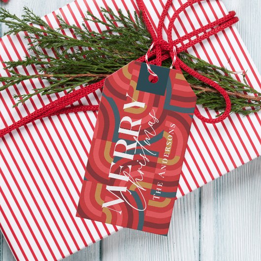 Retro Maximalistische Geometrische Rode Kerstmis Cadeaulabel