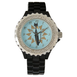 Retro MCM 1950s Kat atoomtijdperk 1960s op Aqua Horloge