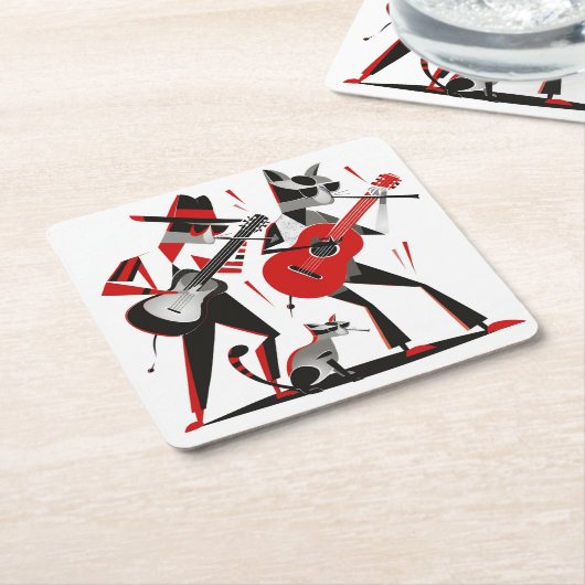  Retro MCM Beatnik Cats Gitaren spelen Kartonnen Onderzetters (Schuin)