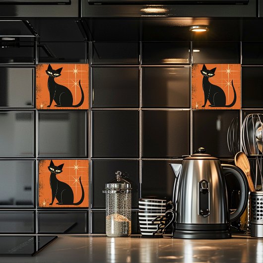 Retro MCM Black Cat Stars Sinaasappel Zwart Tegeltje