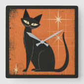 Retro MCM Black Cat Stars Sinaasappel Zwart Vierkante Klok (Voorkant)
