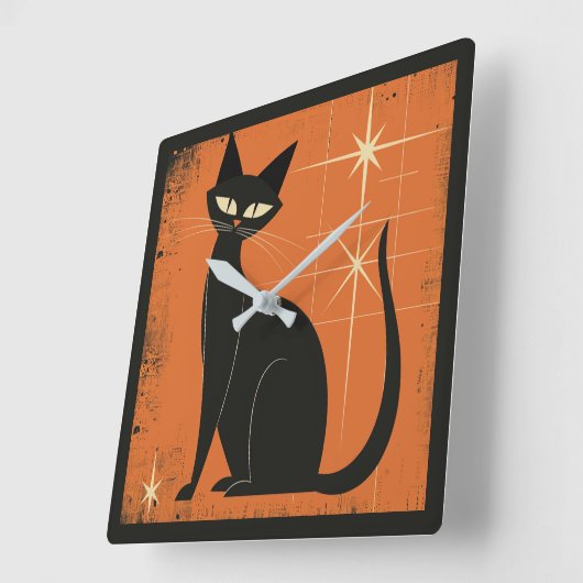  Retro MCM Black Cat Stars Sinaasappel Zwart Vierkante Klok (Hoek)