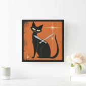  Retro MCM Black Cat Stars Sinaasappel Zwart Vierkante Klok (Huis)