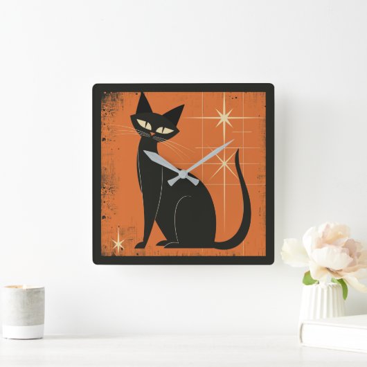  Retro MCM Black Cat Stars Sinaasappel Zwart Vierkante Klok (Huis)