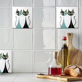 Retro MCM Cats Turquoise Zwart Groen Tegeltje