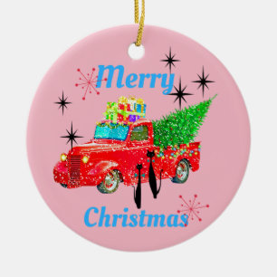 Retro MCM Cool Cat Red Truck Tree Keramisch Ornament