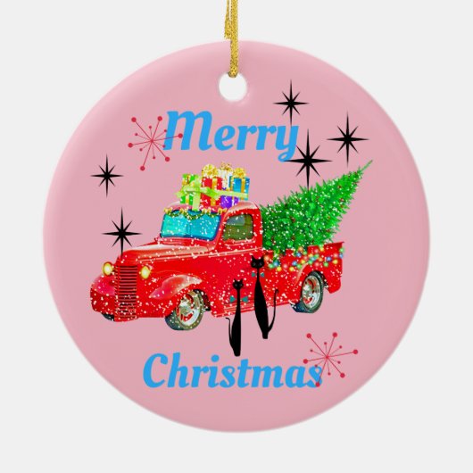 Retro MCM Cool Cat Red Truck Tree Keramisch Ornament (Achterkant)