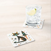 Retro MCM Kat Ruimteschip Sterren Planet Kartonnen Onderzetters (Insitu)