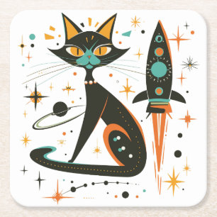  Retro MCM Kat Ruimteschip Sterren Planet Kartonnen Onderzetters