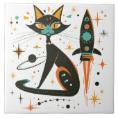 Retro MCM Kat Ruimteschip Sterren Planet Tegeltje (Voorkant)
