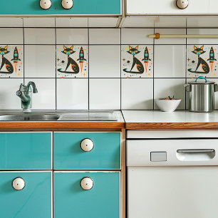  Retro MCM Kat Ruimteschip Sterren Planet Tegeltje