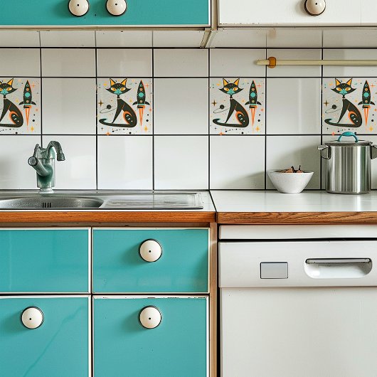 Retro MCM Kat Ruimteschip Sterren Planet Tegeltje