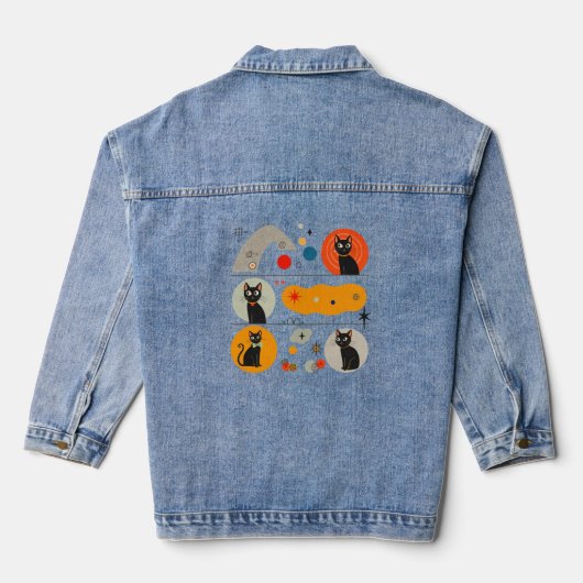Retro MCM Zwarte Kat: Kosmische Abstracte Grafisch Denim Jacket (Achterkant)