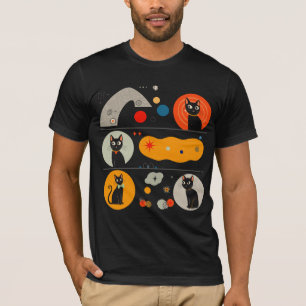Retro MCM Zwarte Kat: Kosmische Abstracte Grafisch T-shirt