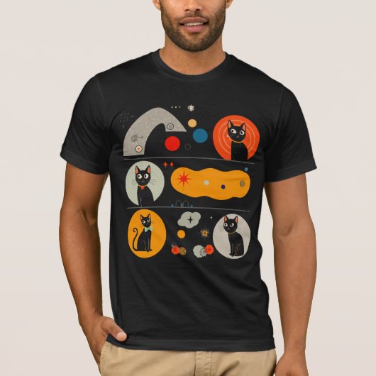 Retro MCM Zwarte Kat: Kosmische Abstracte Grafisch T-shirt (Voorkant)