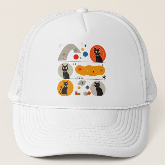 Retro MCM Zwarte Kat: Kosmische Abstracte Grafisch Trucker Pet (Voorkant)