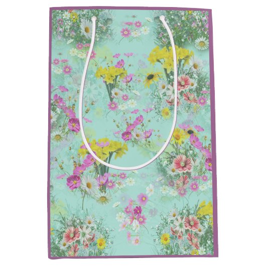 Retro Meadow Classic Flowers Medium Cadeauzakje (Voorkant)