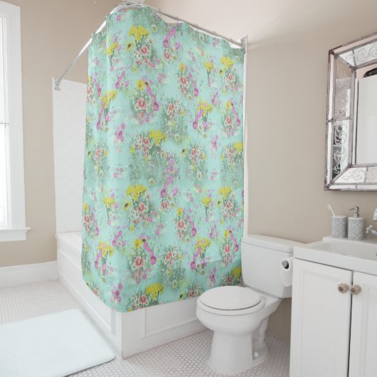 Retro Meadow Classic Flowers Showgordijn Douchegordijn (In situ)