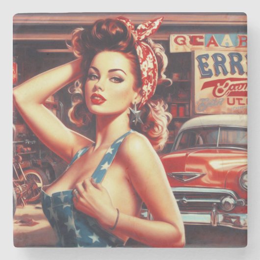 Retro Mechanisch Meisje Stenen Onderzetter (Voorkant)