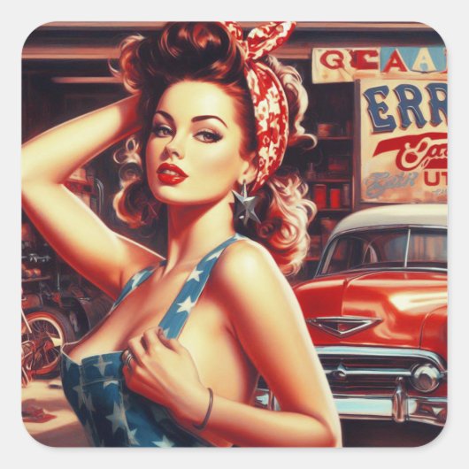 Retro Mechanisch Meisje Vierkante Sticker (Voorkant)