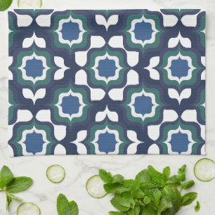 Retro mediterraan tegelwerk marineblauw wit theedoek