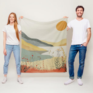 Retro Meer Zonsondergang Terracotta Salie Landscha Fleece Deken