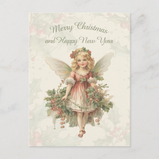 Retro  Meisje Angel Christmas Holly Briefkaart (Voorkant)