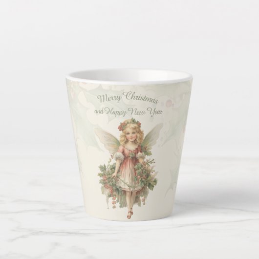 Retro Meisje Angel Christmas Holly Latte Mok (Voorkant)