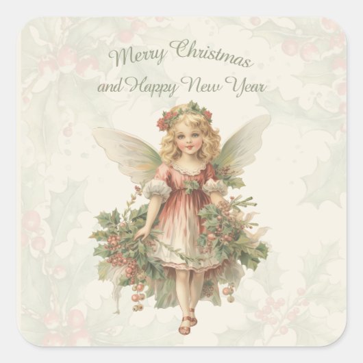 Retro Meisje Angel Christmas Holly Vierkante Sticker (Voorkant)