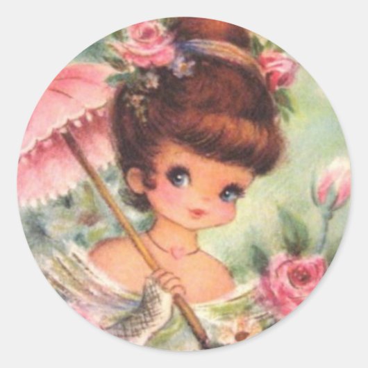 Retro Meisje Bloemen Ronde Sticker (Voorkant)