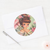 Retro Meisje Bloemen Ronde Sticker (Envelop)