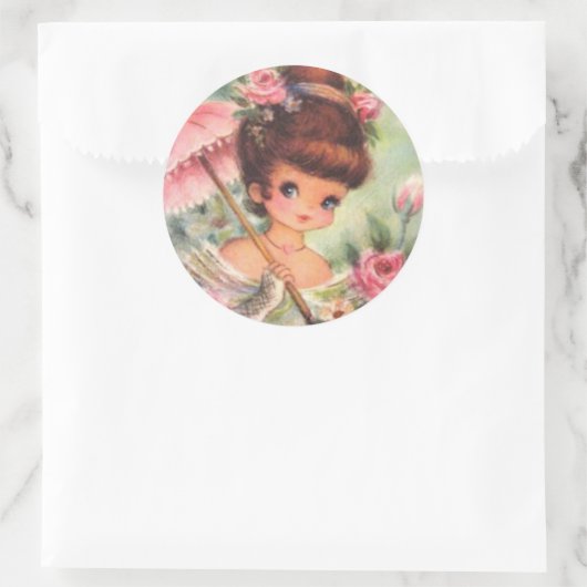  Retro Meisje Bloemen Ronde Sticker (Tas)