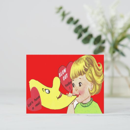  Retro Meisje Blowing Balloon Valentijn Kaart (Staand voorkant)