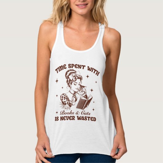 Retro Meisje Boeken En Katten Tanktop (Voorkant)