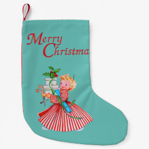 Retro Meisje & Cadeaus Vrolijk Kerstfeest Kleine Kerstsok