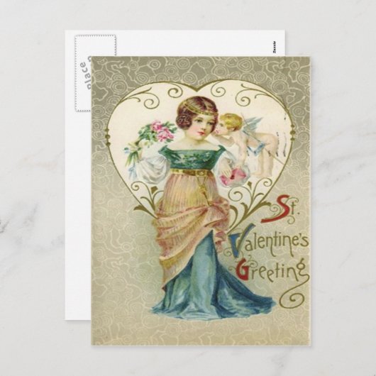 Retro Meisje & Cupido Valentijn Kaart (Voorkant / Achterkant)