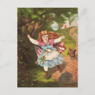 Retro Meisje en Hond Lithografie Illustratie Briefkaart