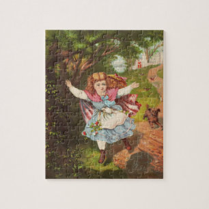 Retro Meisje en Hond Lithografie Illustratie Legpuzzel