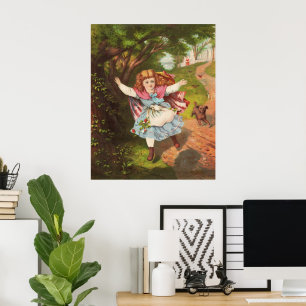 Retro Meisje en Hond Lithografie Illustratie Poster