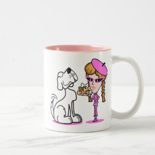 retro meisje en huisdier hond, retro meisje en hui tweekleurige koffiemok