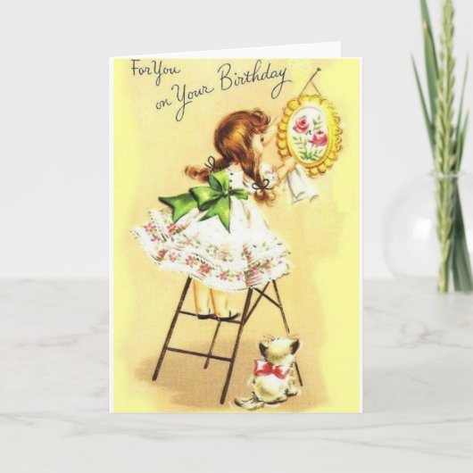 Retro Meisje en Kitten Verjaardag Wenskaart Kaart (Voorkant)