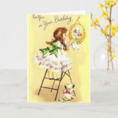 Retro Meisje en Kitten Verjaardag Wenskaart Kaart (Gele Bloem)