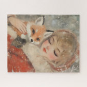 Retro  Meisje in Rood met Fox Christmas Legpuzzel (Horizontaal)