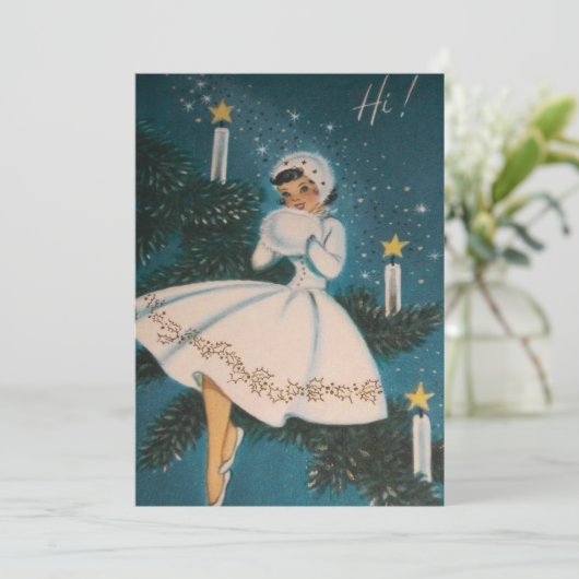 Retro Meisje in Wit Aangepaste Kerstmis Feestdagenkaart (Staand voorkant)