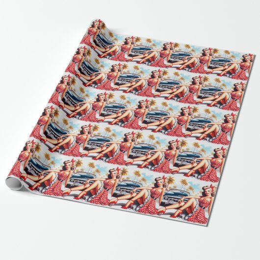 Retro Meisje Klassieke Pin Up Cadeaupapier (Uitgerold)