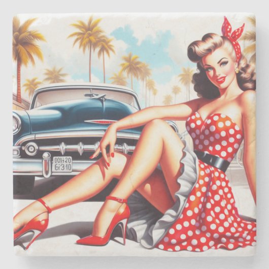 Retro Meisje Klassieke Pin Up Stenen Onderzetter (Voorkant)