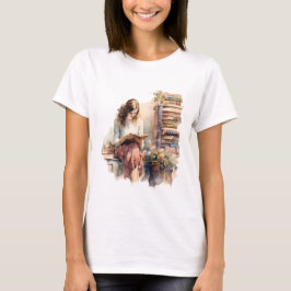 Retro Meisje Lezen Boek door Window Flower T-shirt